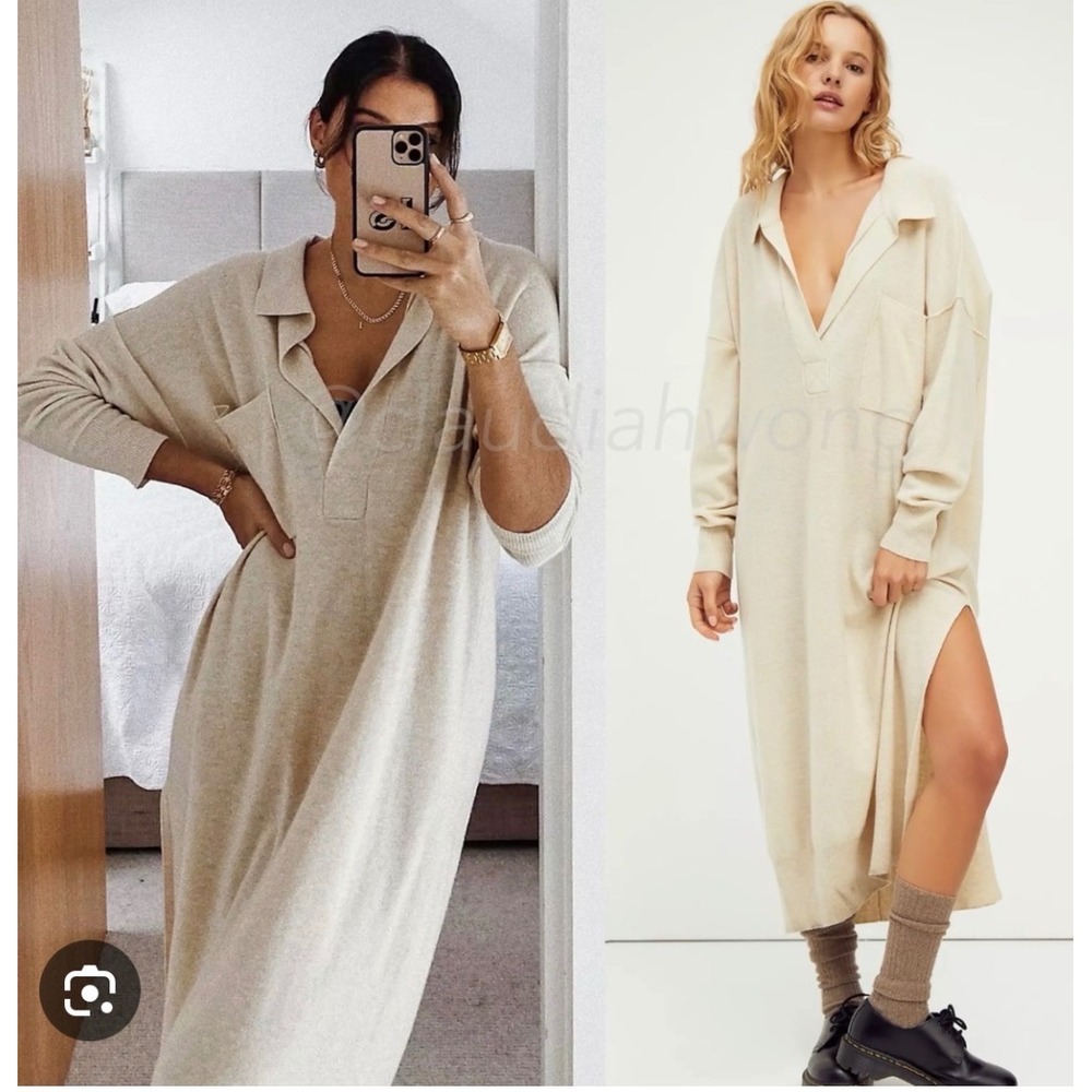 New Free People Sweater Dress Midi Luxe Polo‎ Cashmere Wool Luxury Lagenlook XS